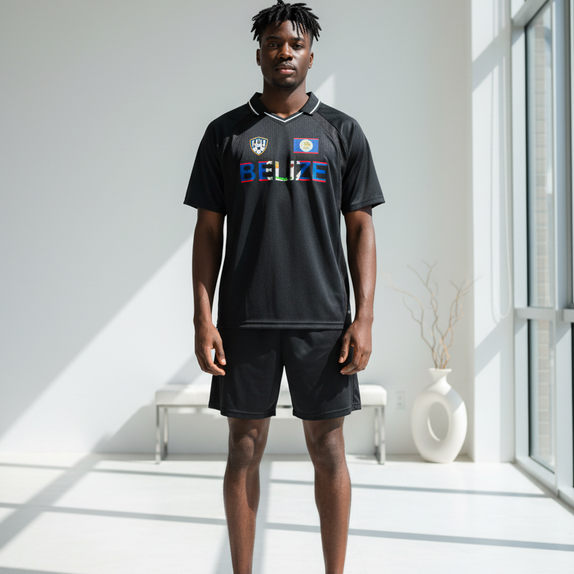 Belize Flag Themed Graphic Unisex Striped V-Neck Soccer Jersey