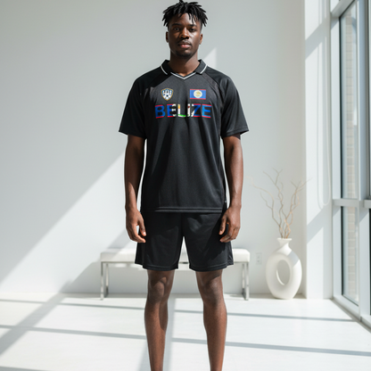 Belize Flag Themed Graphic Unisex Striped V-Neck Soccer Jersey