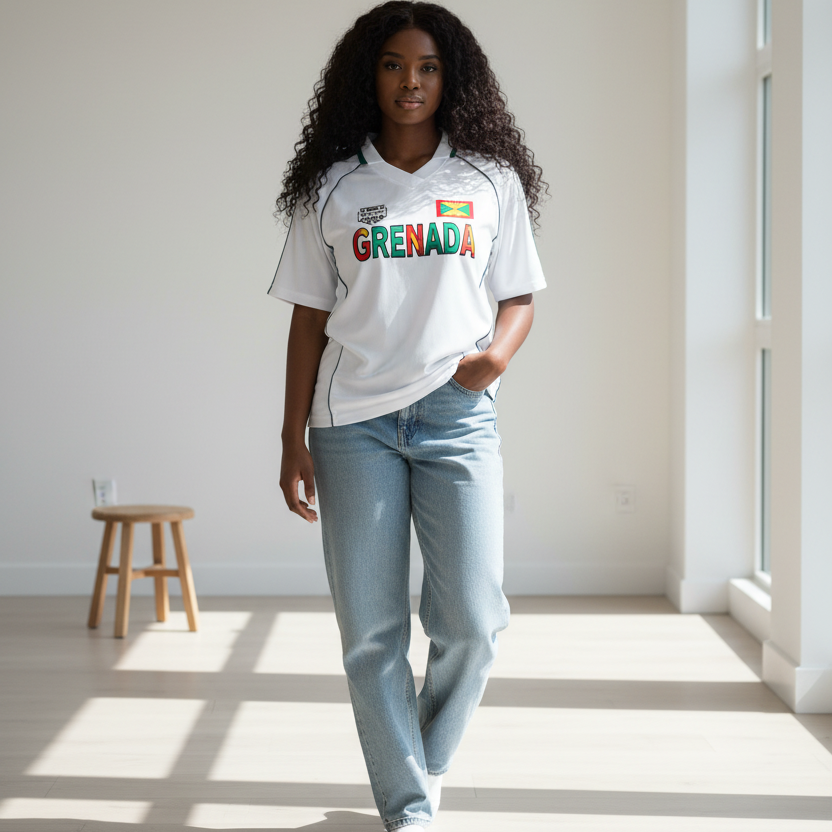 Grenada Flag Themed Graphic Stripe Collared Soccer Jersey
