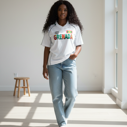 Grenada Flag Themed Graphic Stripe Collared Soccer Jersey