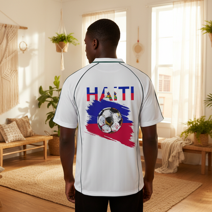 Unisex Haiti Flag Themed Graphic Shadow Stripe Collared Soccer Jersey