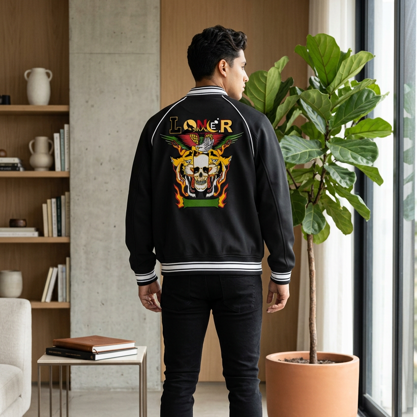 Gothic Tiger Skull Graphic Contrast Trim Raglan Varsity Unisex  Jacket