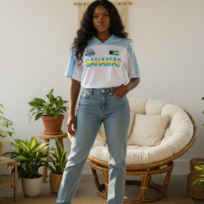 Bahamas Flag Themed Unisex Oversized Mesh V-Neck Soccer Jersey