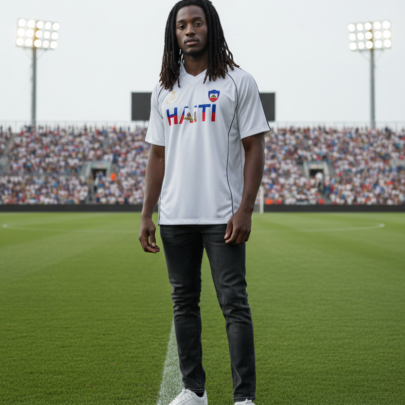 Unisex Haiti Flag Themed Graphic Shadow Stripe Collared Soccer Jersey
