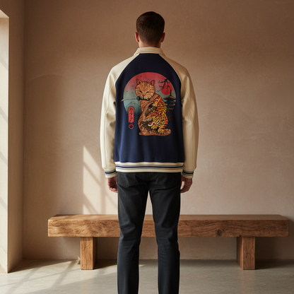 Asian and Tiger Themed Graphic Contrast Raglan Sleeve Baseball  Unisex Jacket