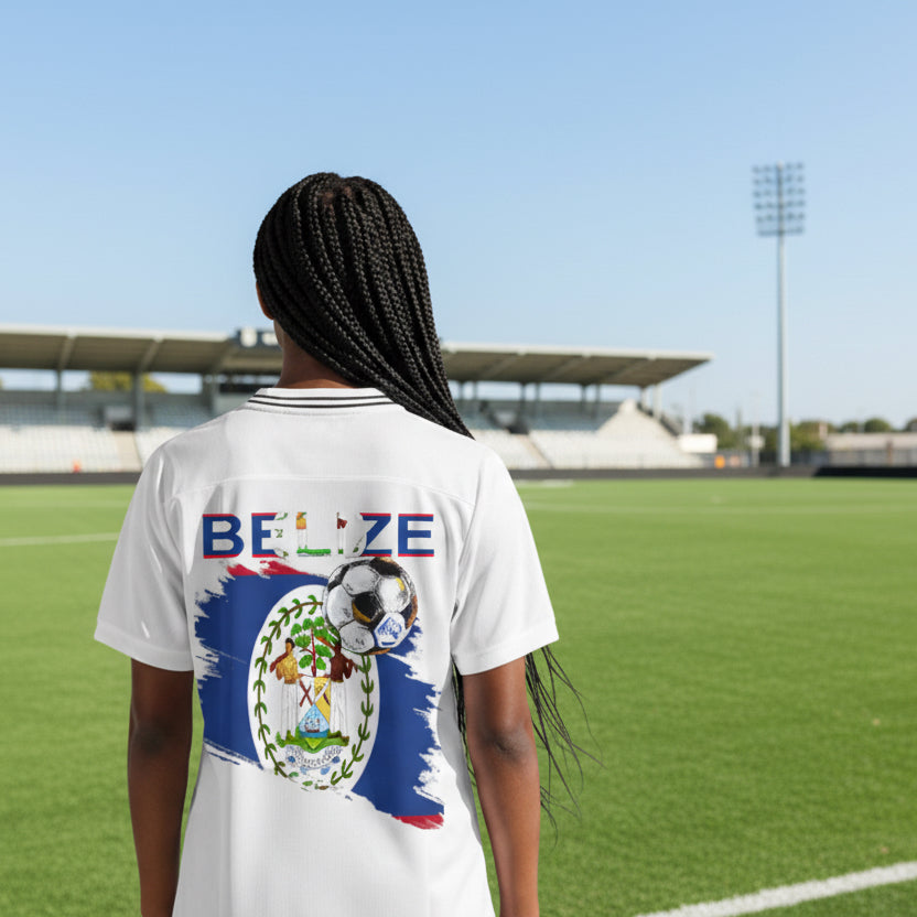 Belize Flag Themed Graphic Unisex Striped V-Neck Soccer Jersey