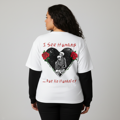 I See Humans Graphic Unisex Layered Contrast Sleeve Cotton T-Shirt