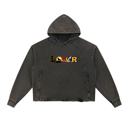 Medieval Dragon Themed Graphic Vintage Washed Frayed-Hem Hoodie