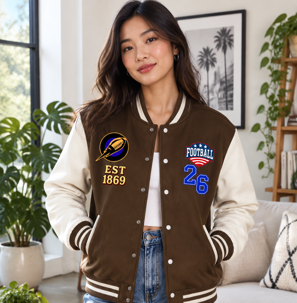 American Football Themed Graphic Two-Tone Fleeced Varsity Unisex Jacket