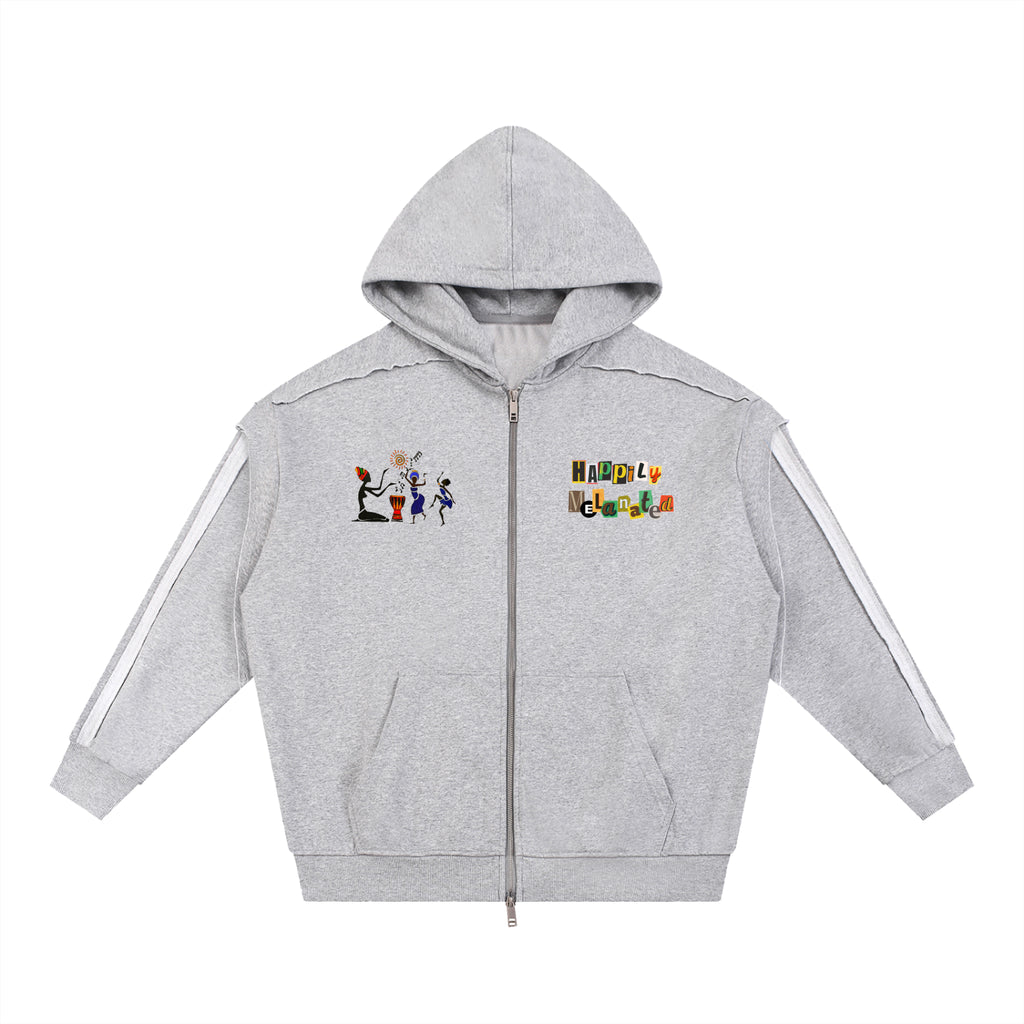 Jazz Singer Graphic Double-Layered Zip-Up Hoodie, featuring contrast tape detailing and raw-edge accents. ODMPOD