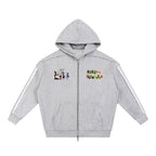 Jazz Singer Graphic Double-Layered Zip-Up Hoodie, featuring contrast tape detailing and raw-edge accents. ODMPOD