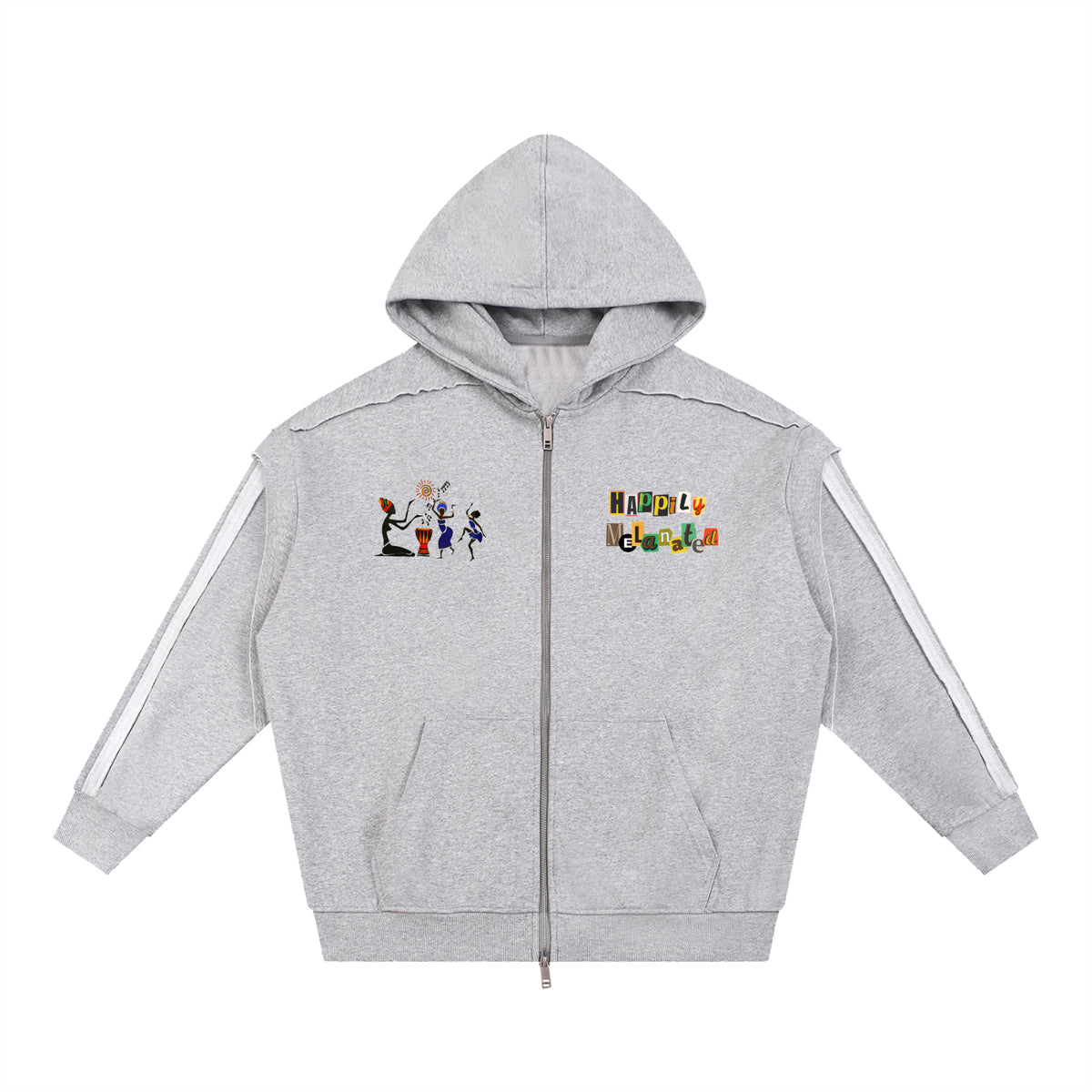 Jazz Singer Graphic Double-Layered Zip-Up Hoodie, featuring contrast tape detailing and raw-edge accents. ODMPOD
