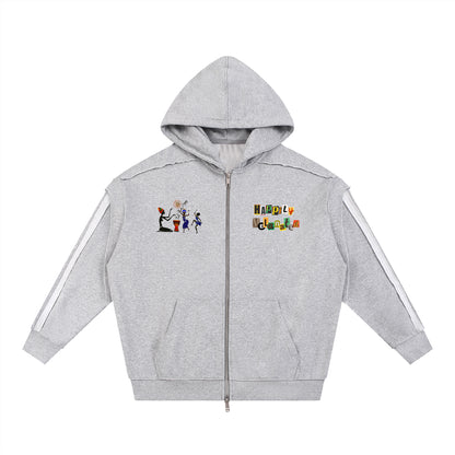 Jazz Singer Graphic Double Layered Zip Hoodie, Contrast Tape Raw Edge
