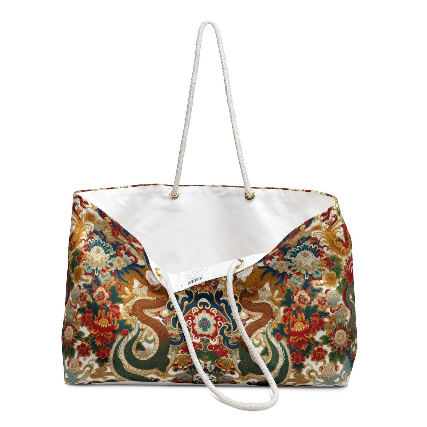 Dragon and Floral Print Weekender Bag — Large Rope-Handle Travel Tote