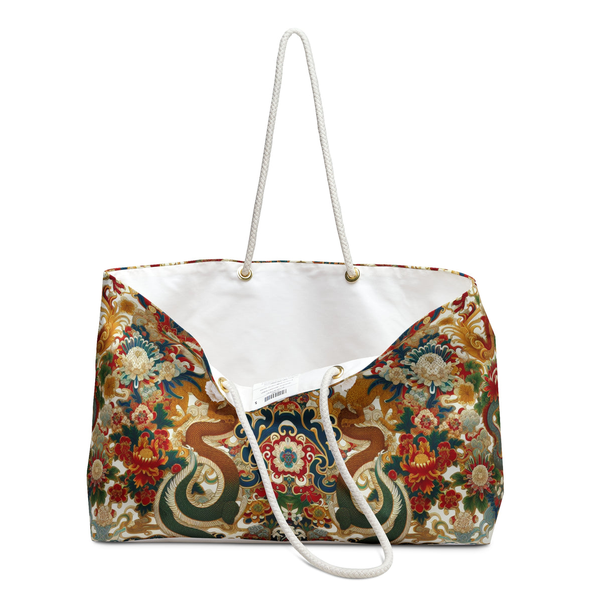 Dragon and Floral Print Weekender Bag — Large Rope-Handle Travel Tote Printify