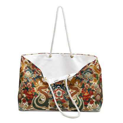 Dragon and Floral Print Weekender Bag — Large Rope-Handle Travel Tote