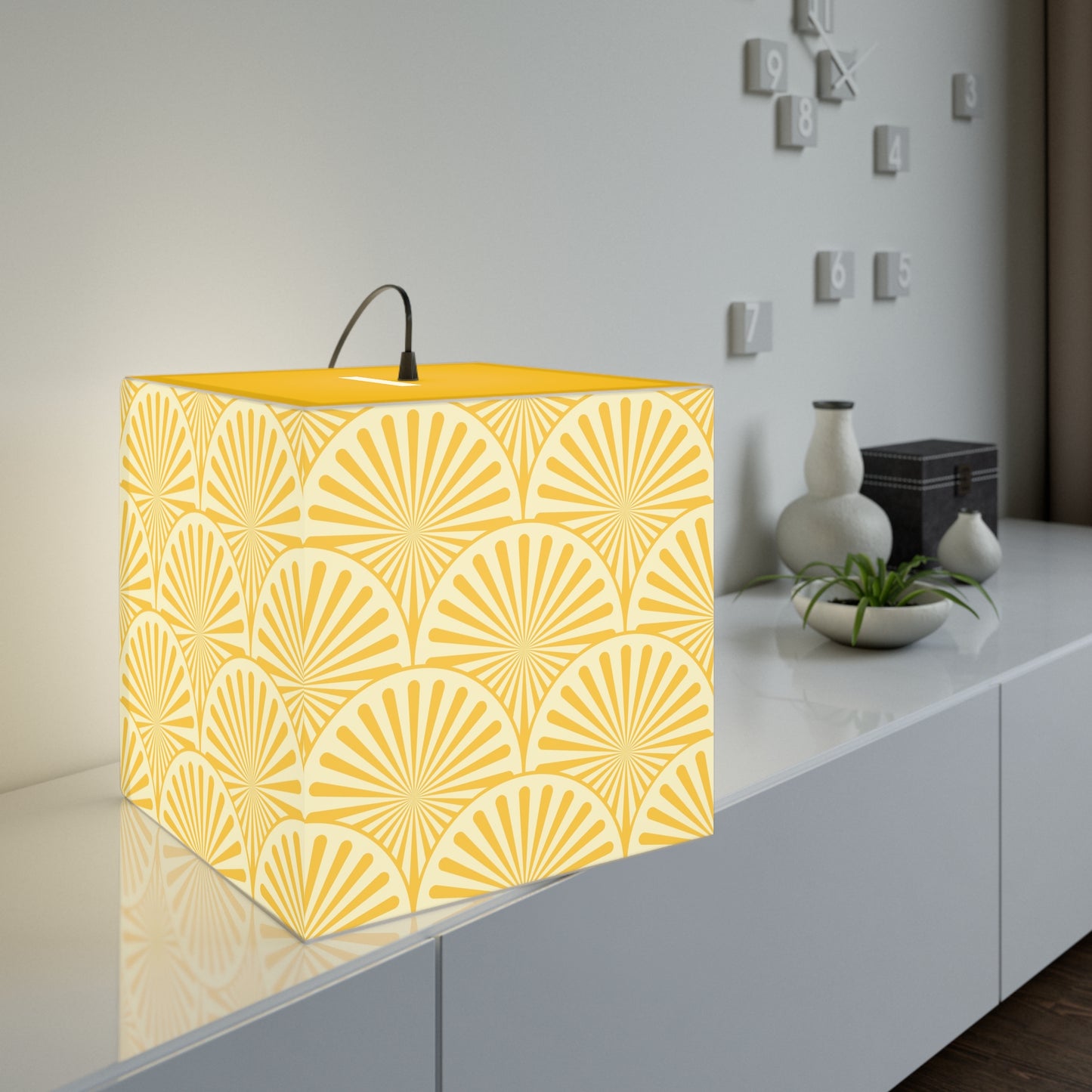 Yellow Art Deco Cube Lamp — Geometric Pattern Pendant Light