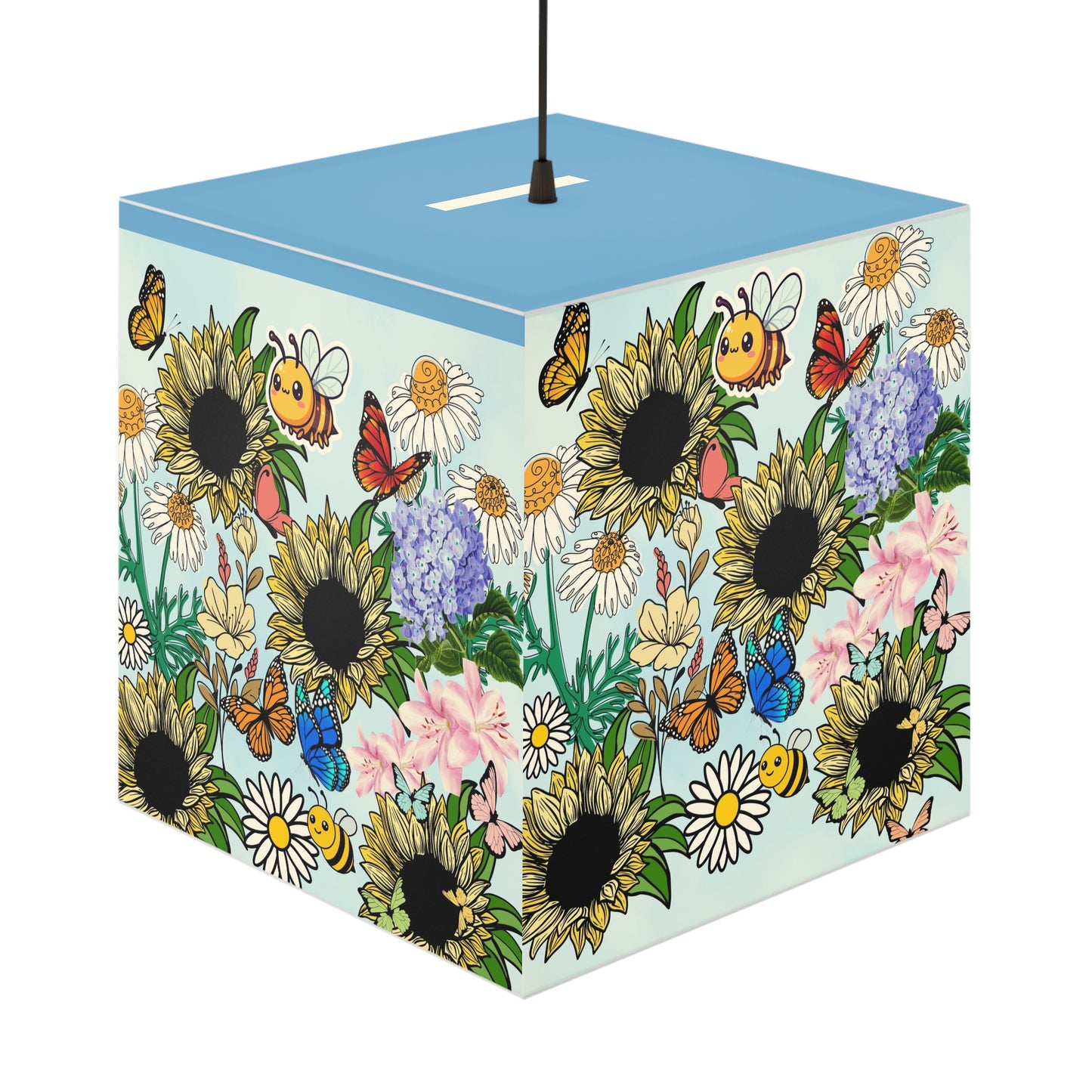 Sunflower Meadow Light Cube Lamp — Floral Bee & Butterfly Hanging Nightlight