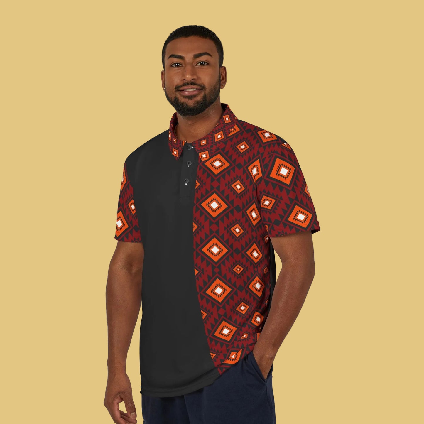 Patterned Polo Shirt — Red Geometric Diamond Print