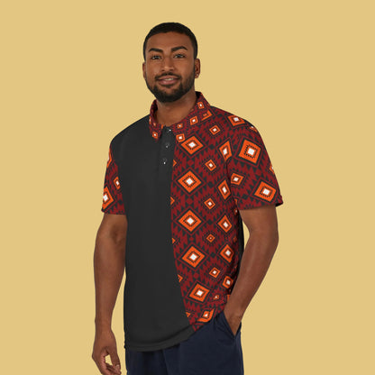 Patterned Polo Shirt — Red Geometric Diamond Print