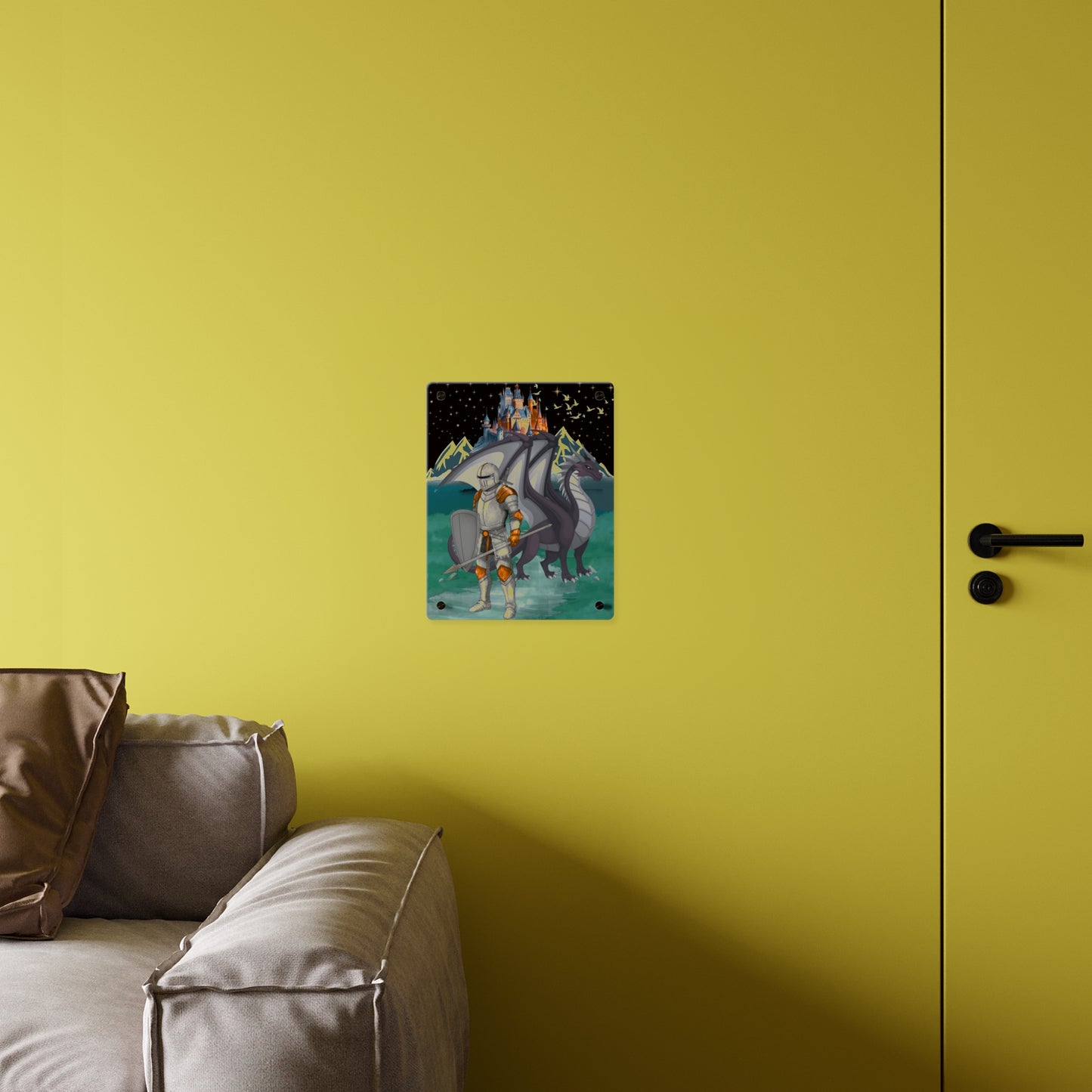 Knight and Dragon Acrylic Wall Art Panel — Fantasy Castle Nightscape Décor