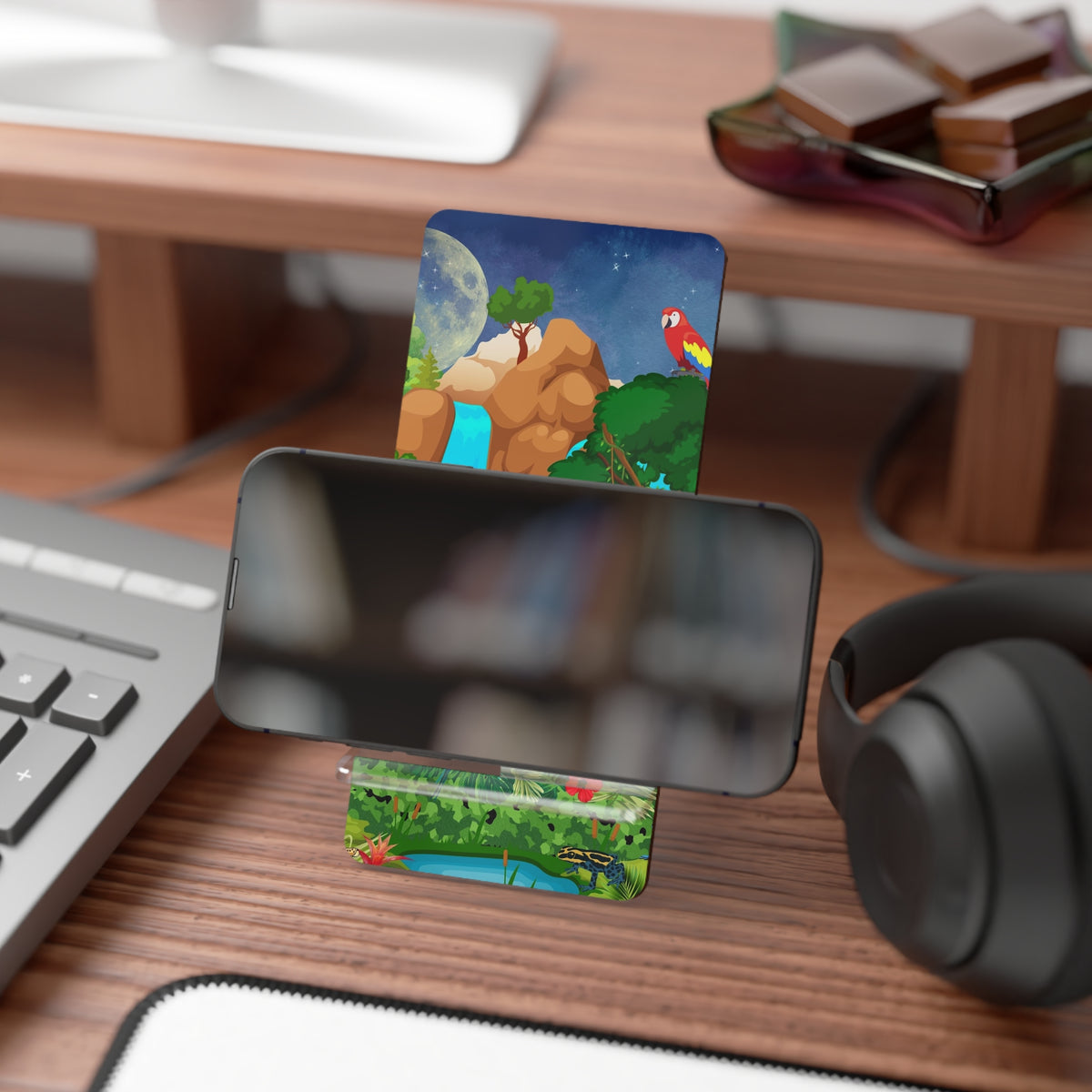 Tropical Waterfall Phone Stand — Colorful Parrot & Jungle Mobile Display Printify