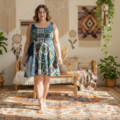 Crochet Patchwork Inspired Skater Dress - Retro Granny Square and DENIM Print