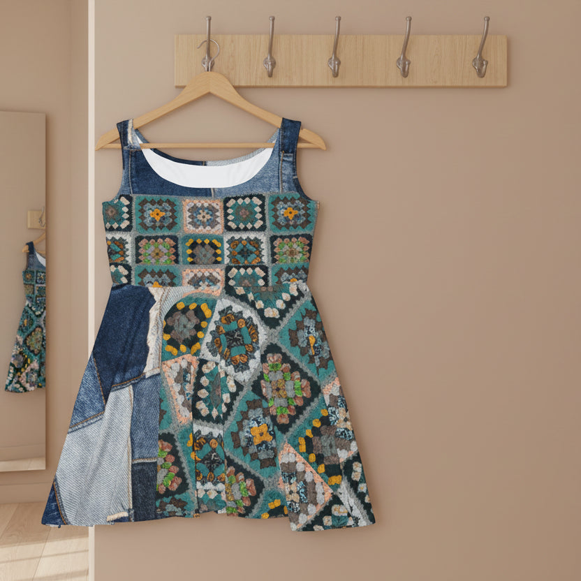 Crochet Patchwork Inspired Skater Dress - Retro Granny Square and DENIM Print