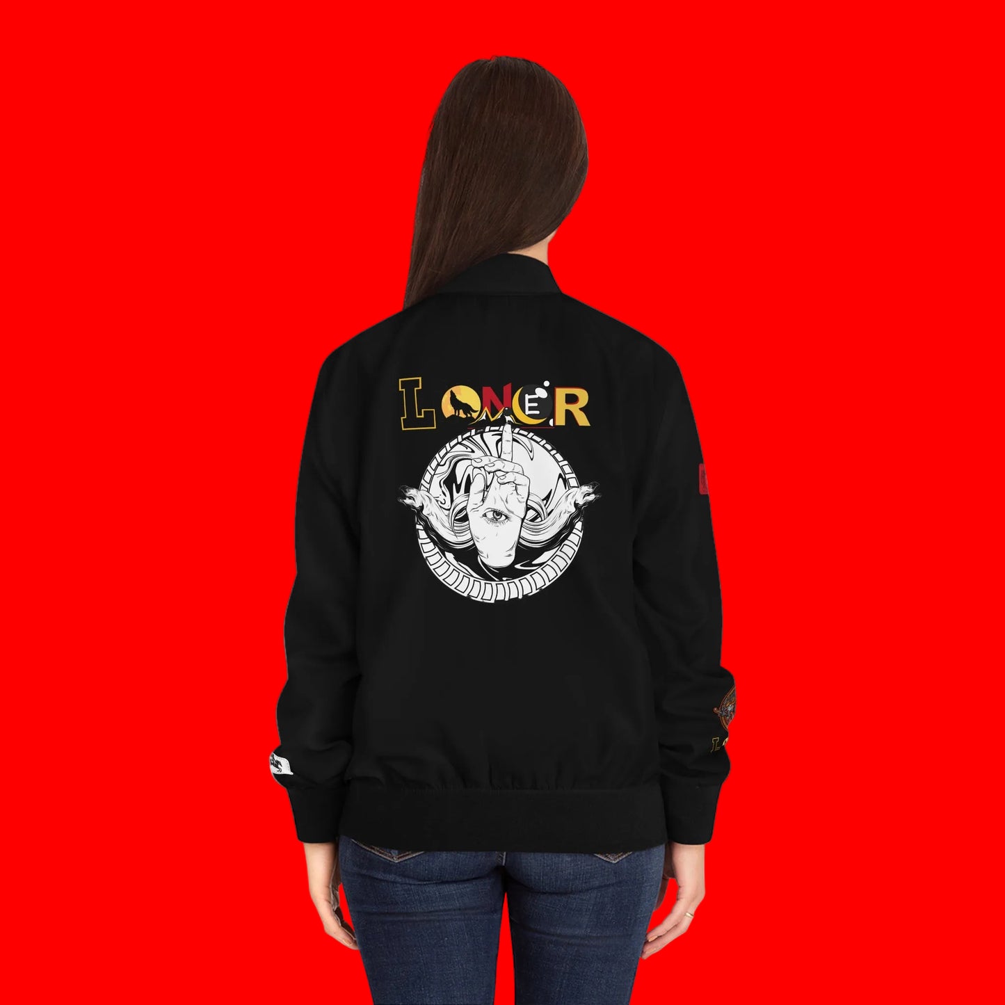 Gothic Bomber Jacket, Eye Art Women's Outerwear, Unique All Over Print Jacket