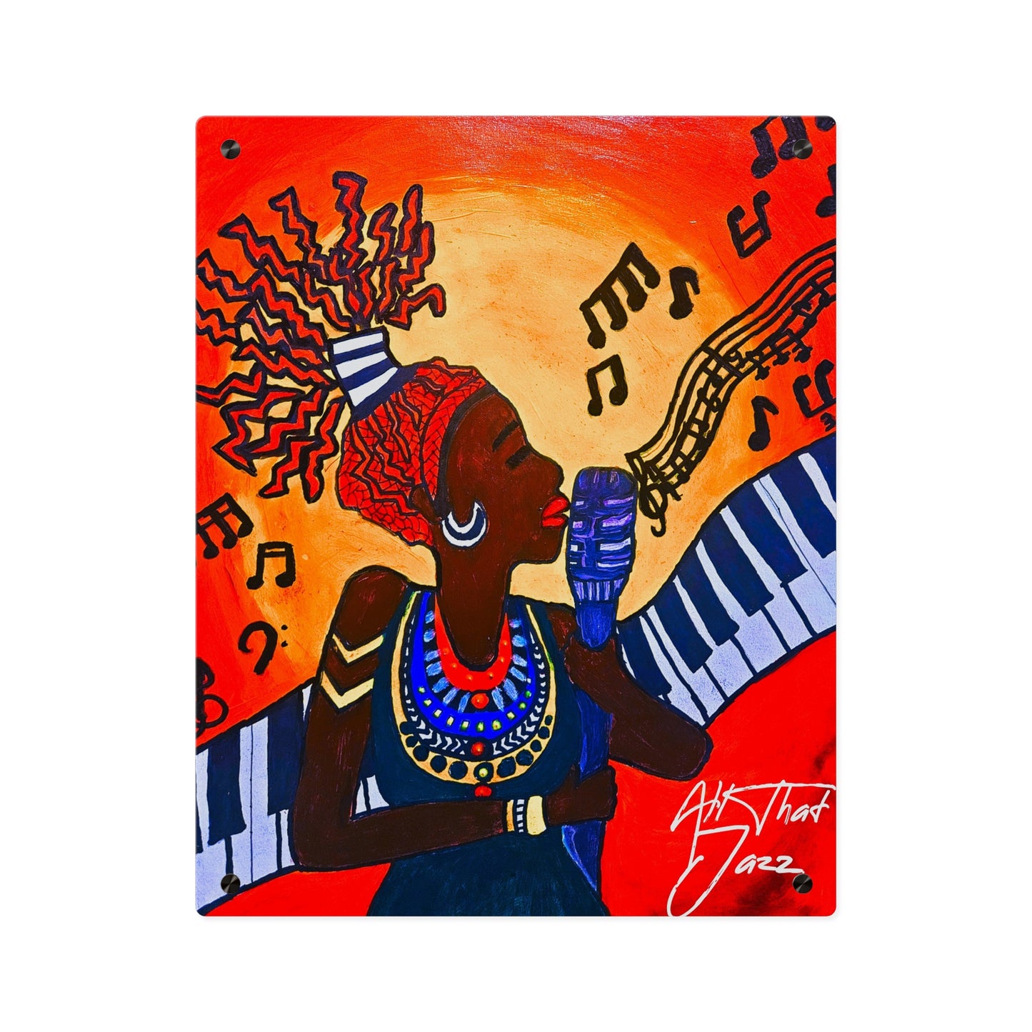 Acrylic Wall Art Panel — Vibrant Jazz Singer Illustration (Colorful Music Notes, Bold Afrocentric Art)