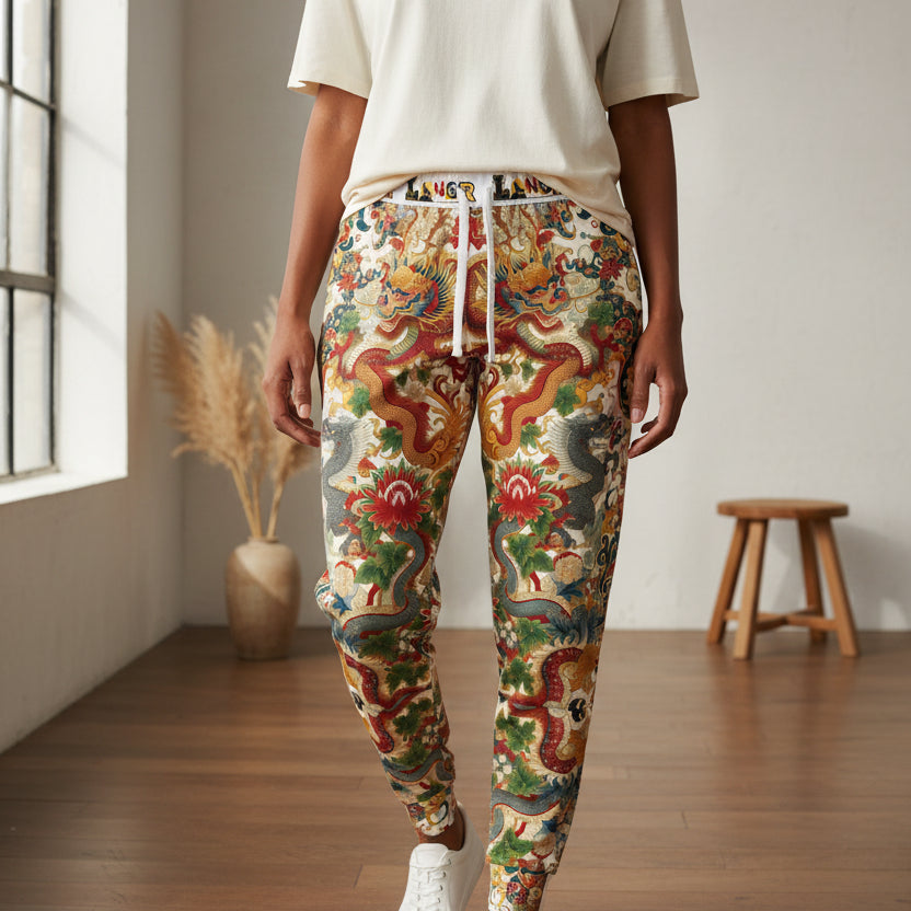 Floral Dragon Print Athletic Joggers: Comfortable fitness sweatpants Printify