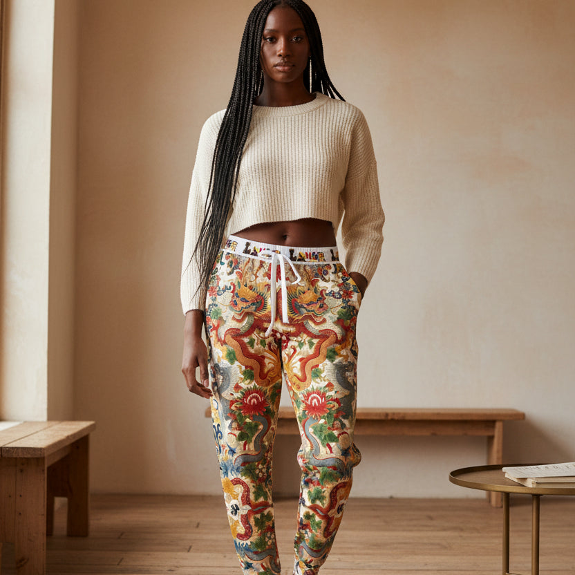 Floral Dragon Print Athletic Joggers: Comfortable fitness sweatpants Printify