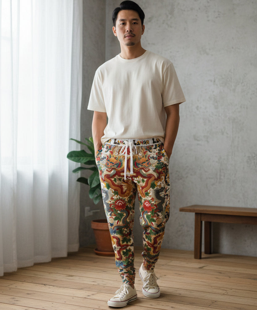 Floral Dragon Print Athletic Joggers: Comfortable fitness sweatpants Printify