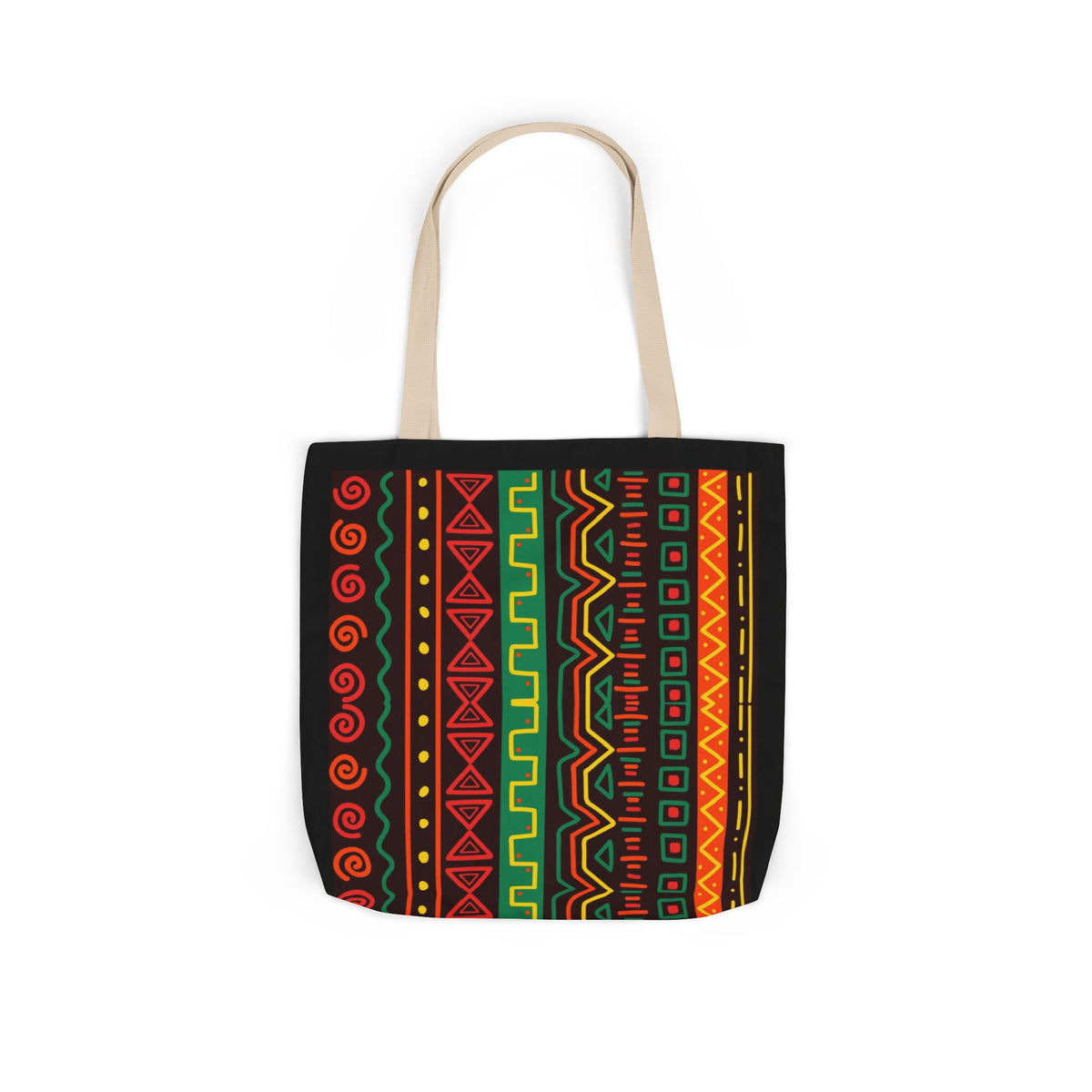 Afrocentric Pattern Canvas Tote — Colorful Tribal Stripe Beach & Market Bag Printify
