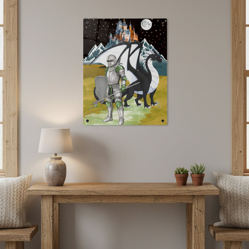 Knight and Dragon Acrylic Wall Art Panel — Fantasy Castle Nightscape Décor Printify