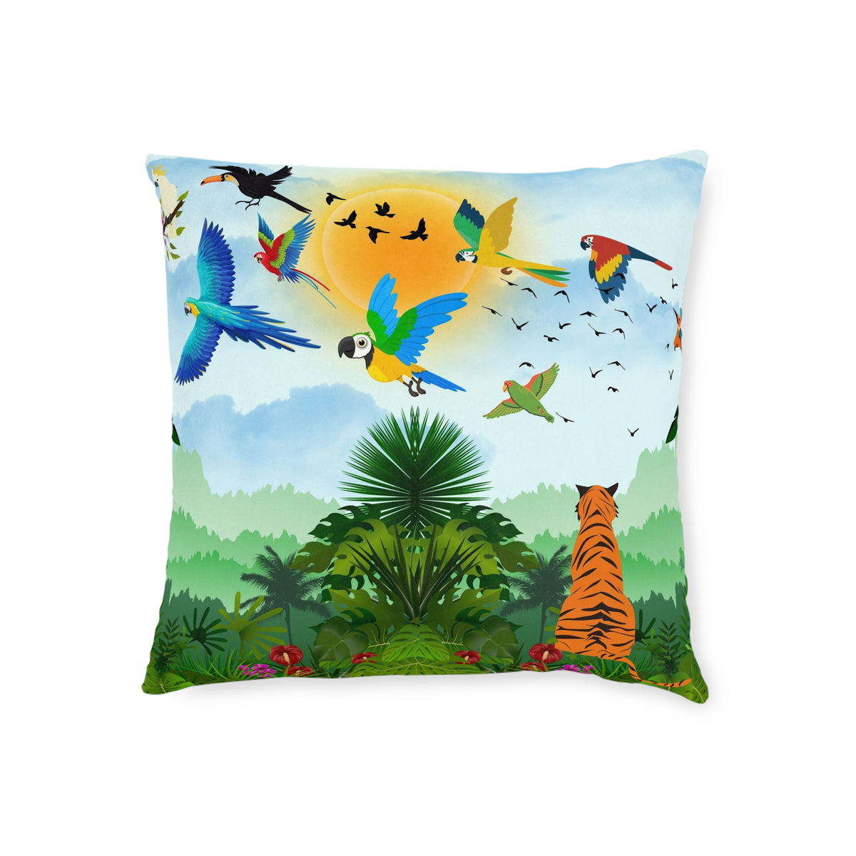 Tropical Jungle Square Pillow — Colorful Parrots & Tiger Decorative Throw Pillow Printify