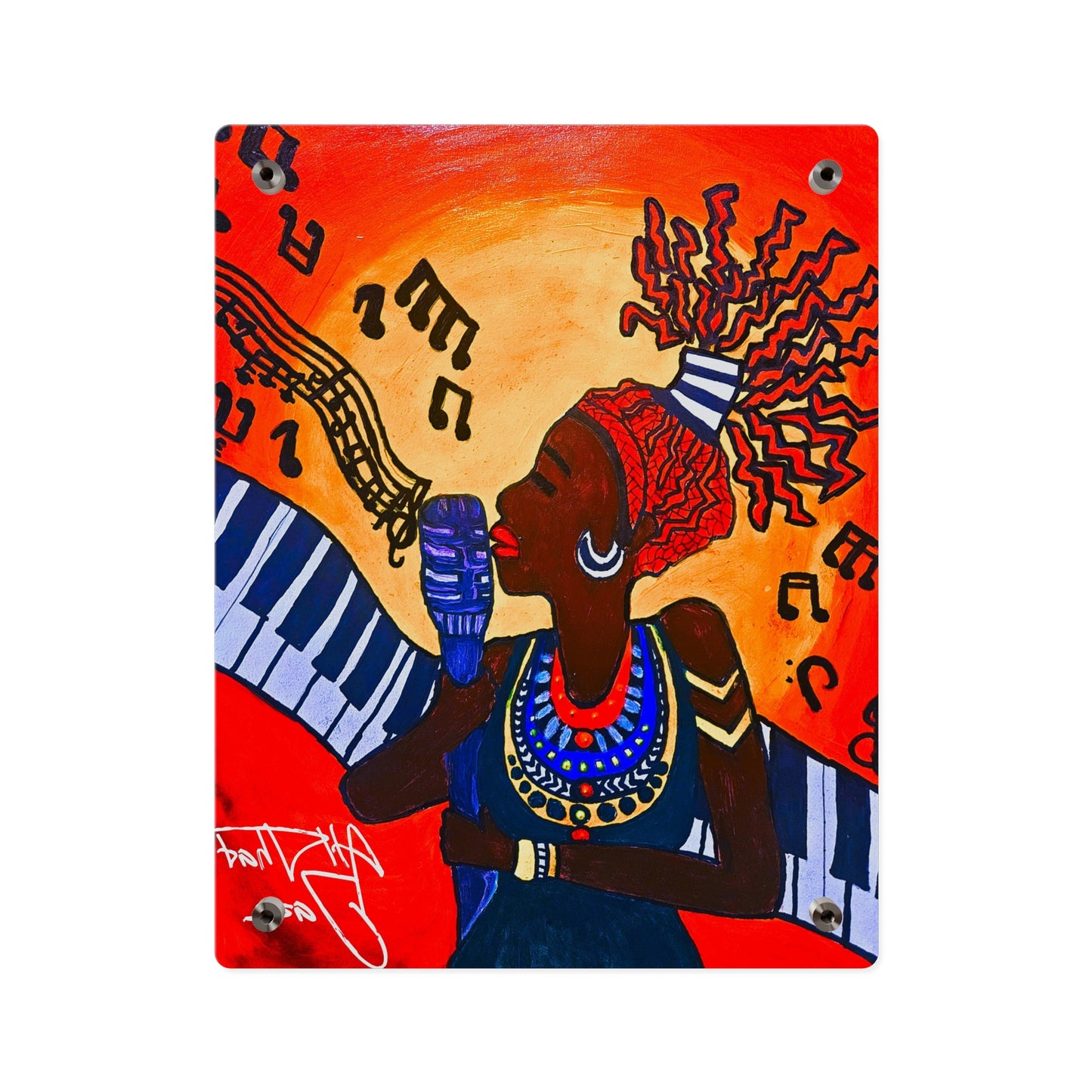 Acrylic Wall Art Panel — Vibrant Jazz Singer Illustration (Colorful Music Notes, Bold Afrocentric Art)