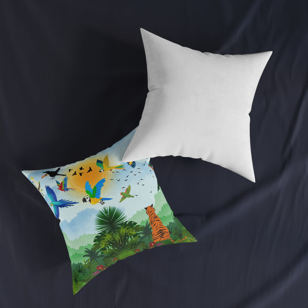 Tropical Jungle Square Pillow — Colorful Parrots & Tiger Decorative Throw Pillow Printify