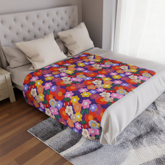 Floral Fiesta Minky Blanket — Bright Retro Flower Pattern, Cozy Throw for Living Room & Kids