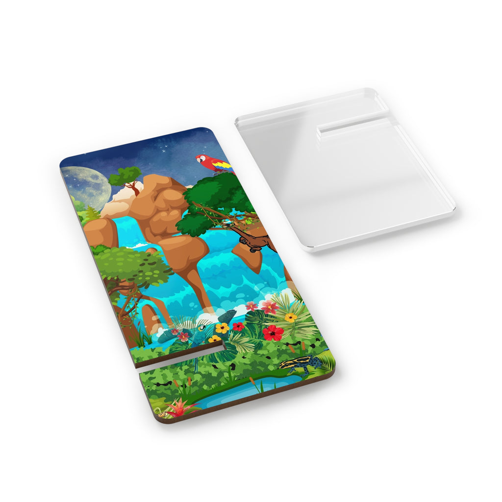 Tropical Waterfall Phone Stand — Colorful Parrot & Jungle Mobile Display Printify