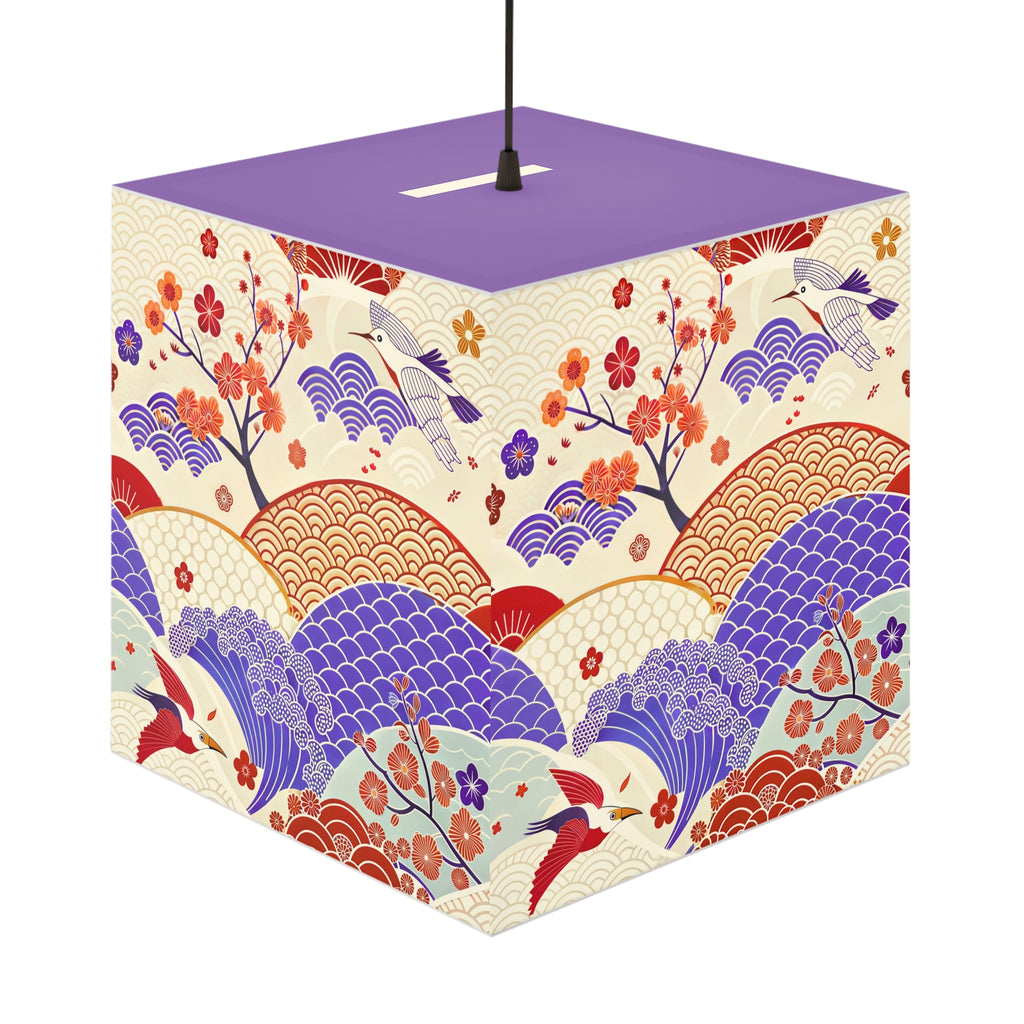 Japanese Wave & Crane Light Cube Lamp — Floral Origami Pattern Ambient Pendant Printify