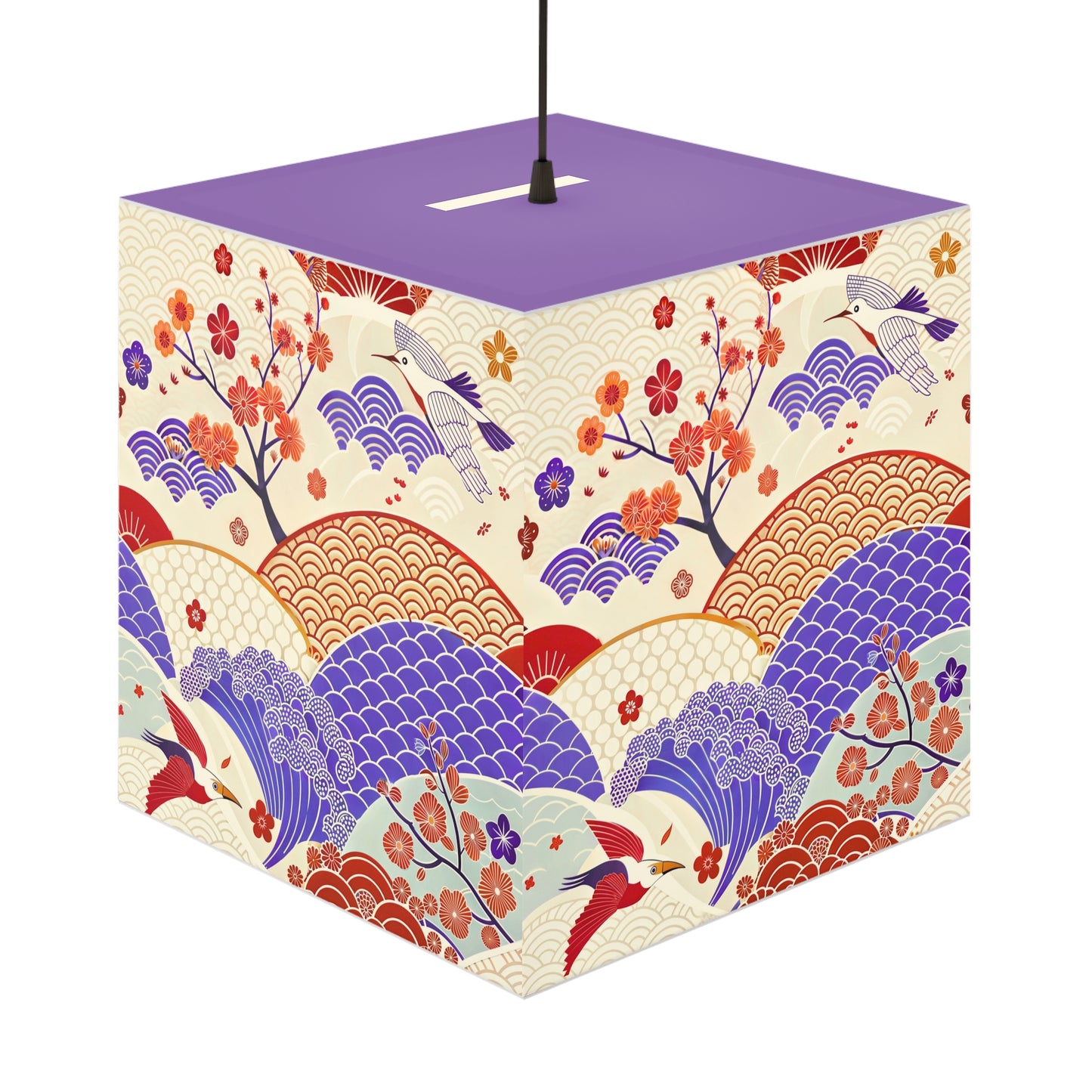 Japanese Wave & Crane Light Cube Lamp — Floral Origami Pattern Ambient Pendant