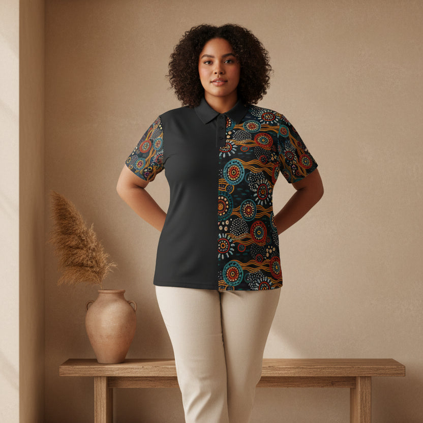 Half-&-Half Tribal Print Polo Shirt — Colorful Aboriginal-Inspired Design