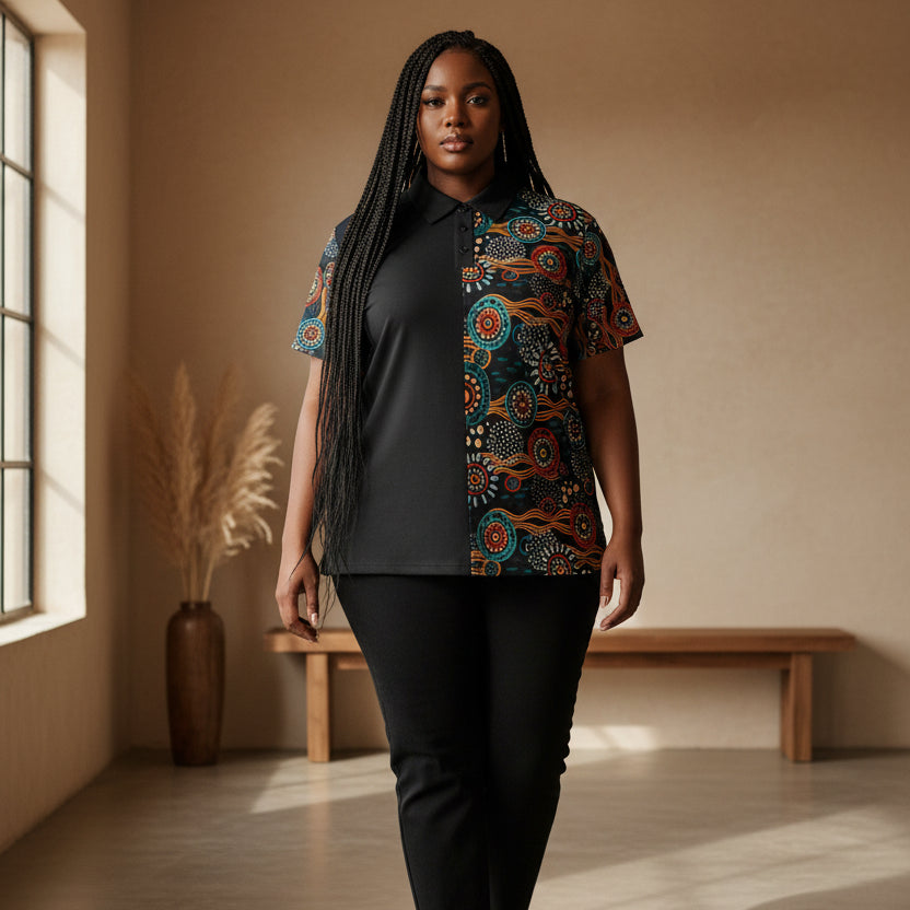 Half-&-Half Tribal Print Polo Shirt — Colorful Aboriginal-Inspired Design