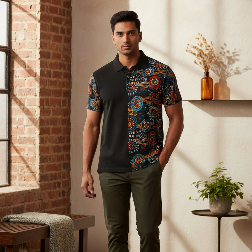 Half-&-Half Tribal Print Polo Shirt — Colorful Aboriginal-Inspired Design