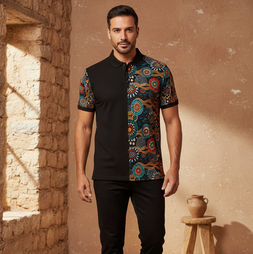 Half-&-Half Tribal Print Polo Shirt — Colorful Aboriginal-Inspired Design