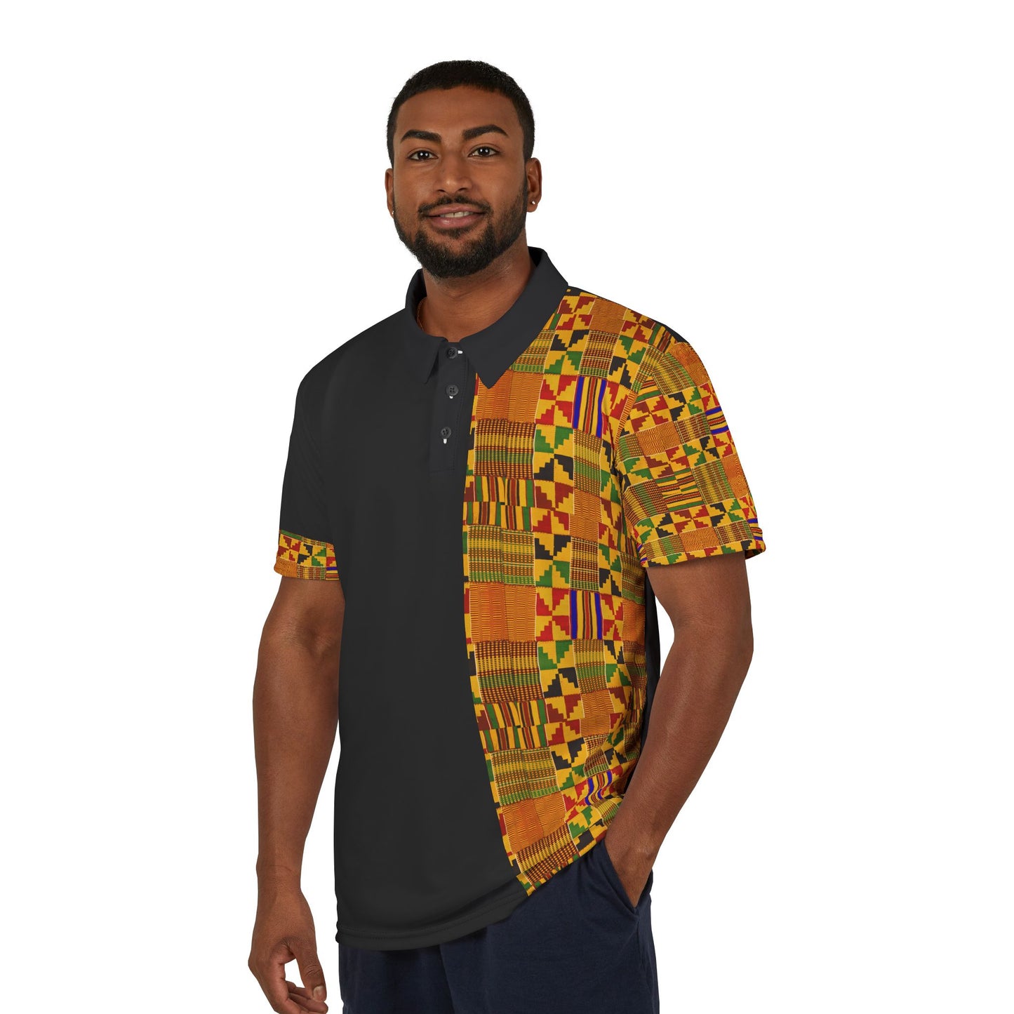 Half Kente Print Polo Shirt — African Heritage Pattern Polo