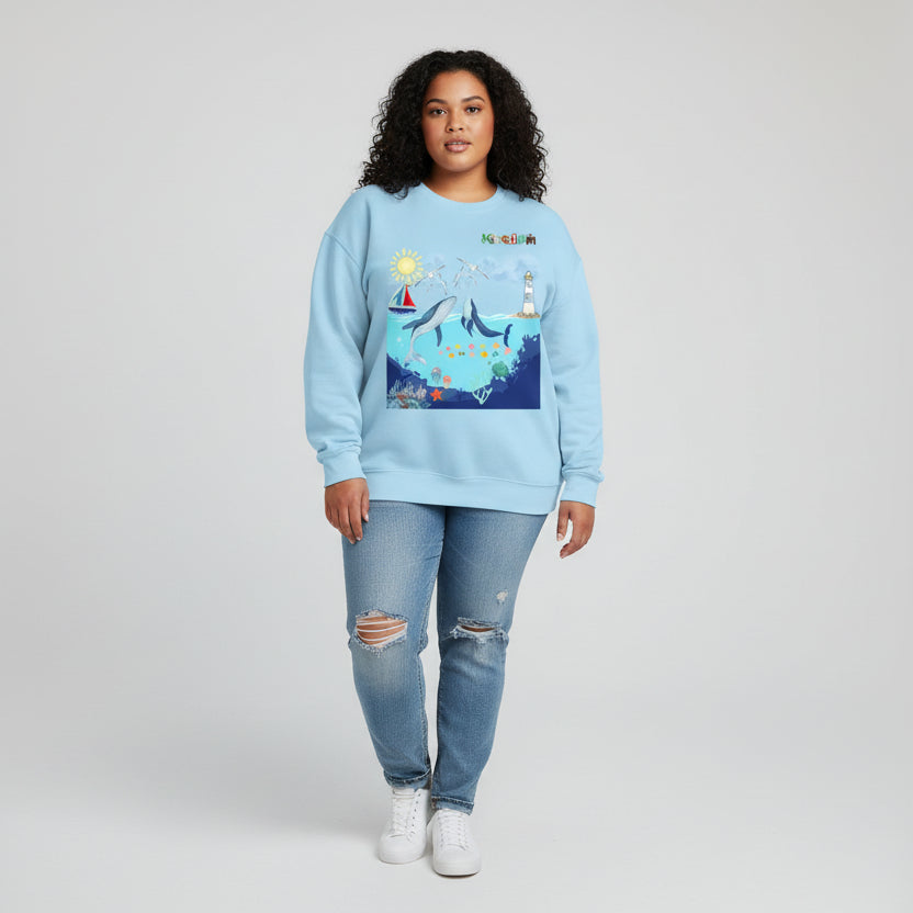 Kingdom Ocean Sweatshirt — Whale & Lighthouse Unisex Graphic Crewneck Sweater