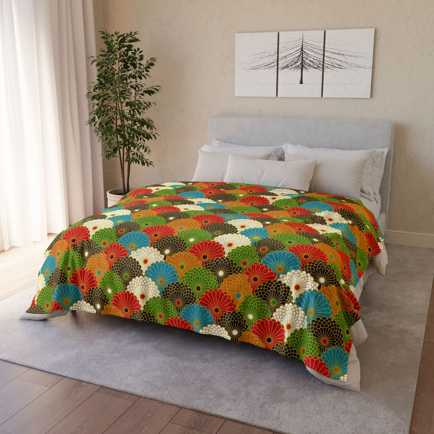 Retro Fan Pattern Polyester Blanket — Colorful Geometric Throw for Living Room & Gift