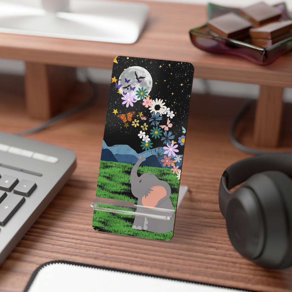 Elephant Floral Celestial Smartphone Stand - Aesthetic Mobile Display for Home or Office